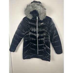 Hurley Womens Black Shiny Puffer Jacket Faux Fur Hood Chevron Quilted Parka Coat